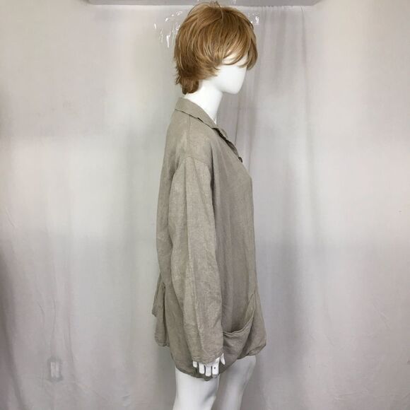 Flax Tan 100% Linen Oversized Lagenlook Button Shirt Jacket Shaket L - Picture 6 of 13